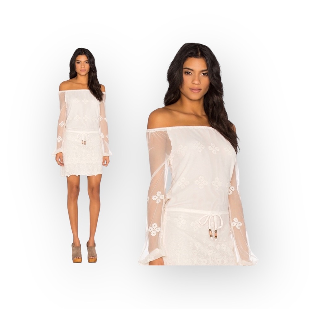 new Chaser ✶ Vintage Inspired Mesh + Lace Off Shouder Mini Dress ✶ Alabaster ✶ - Picture 3 of 16